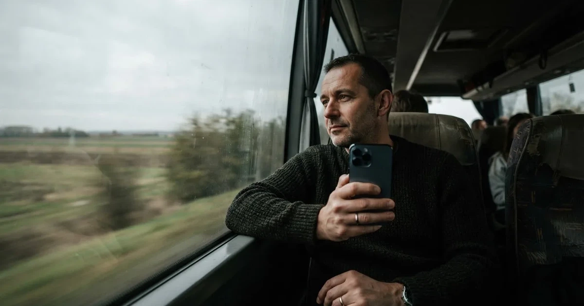 Férfi sötét pulóverben hosszú buszjáraton ül, kezében okostelefon, a kijelző nem látszik, az ablakon át mezők suhannak.