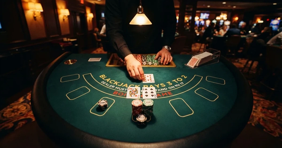 Megvilágított játékasztal kártyákkal, felülnézetből — blackjack játék magyarországon