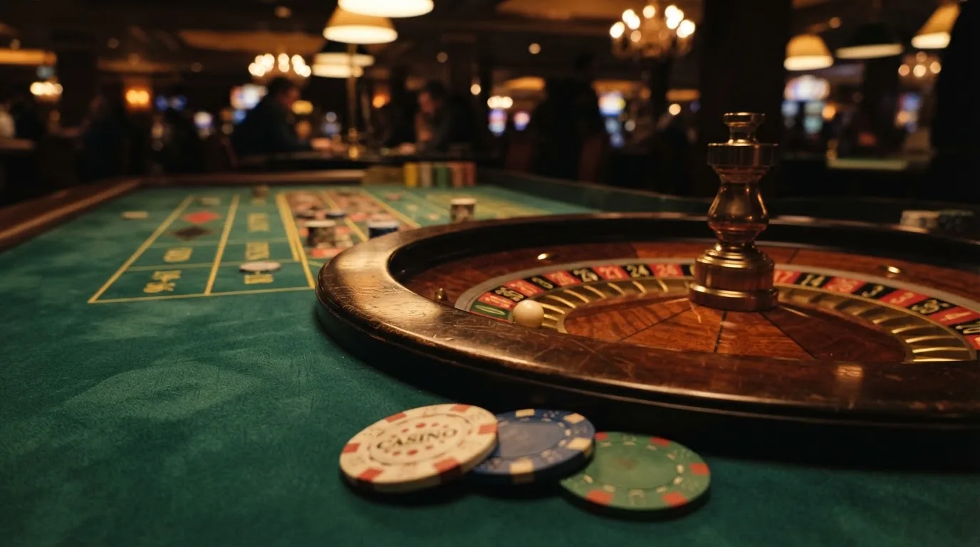 Rulettkerék és zsetonok zöld posztón, meleg esti fényben — blackjack szabályok magyaroknak