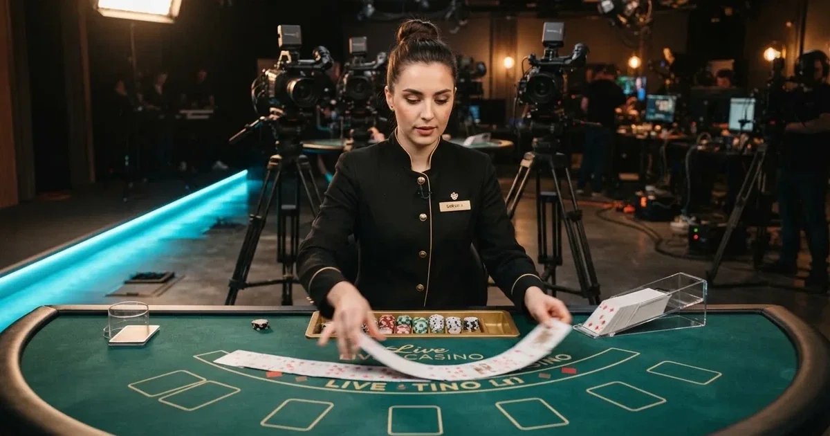 Női élő osztó elegáns egyenruhában keveri a kártyalapokat egy stúdióasztalnál, mögötte kamerák és lágy kék háttérfény.