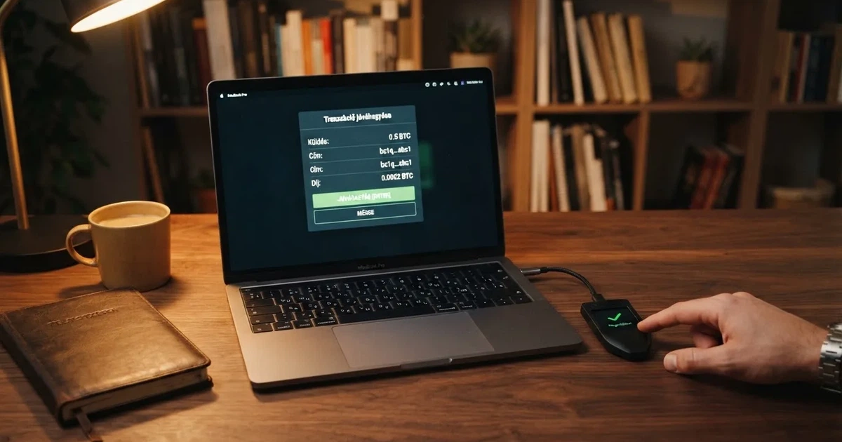 Hardveres tárca és laptop egy íróasztalon, tompa fényben — ethereum kaszinók magyarországon