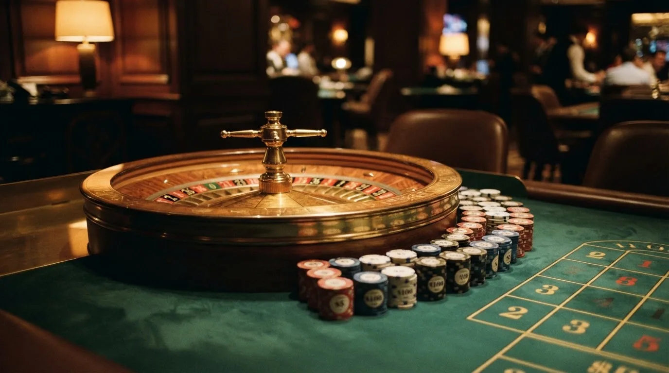 Rulettkerék és zsetonok zöld posztón, meleg esti fényben — high roller kaszinók magyarországon
