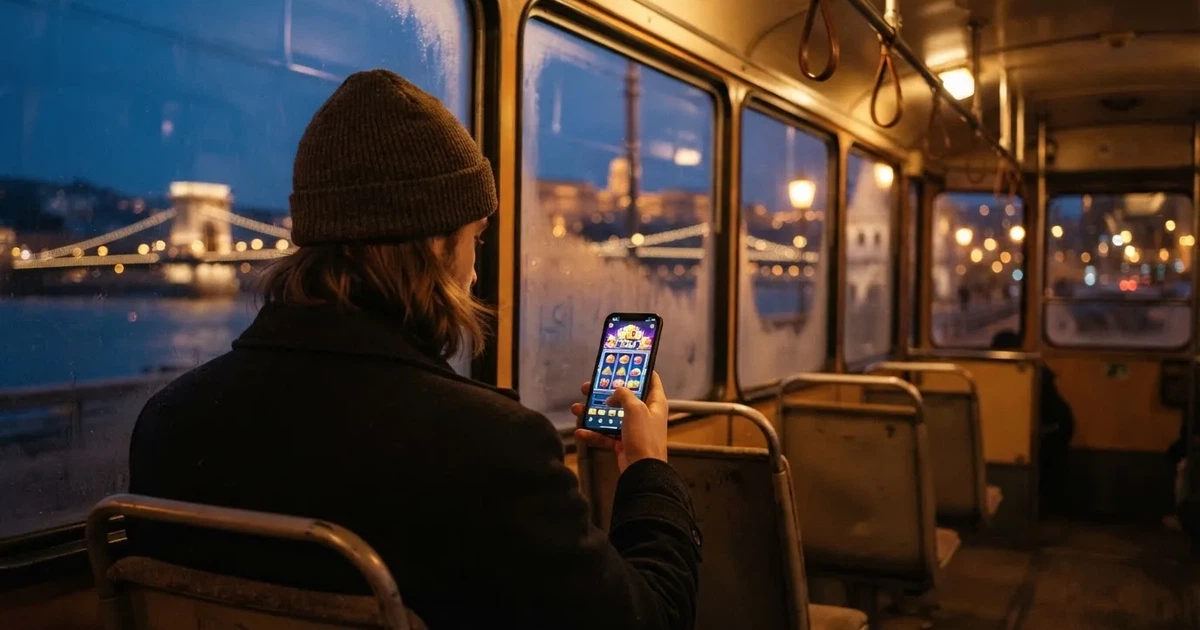 Mobiltelefon kézben egy budapesti villamoson egy téli estén — iphone kaszinó magyarországon