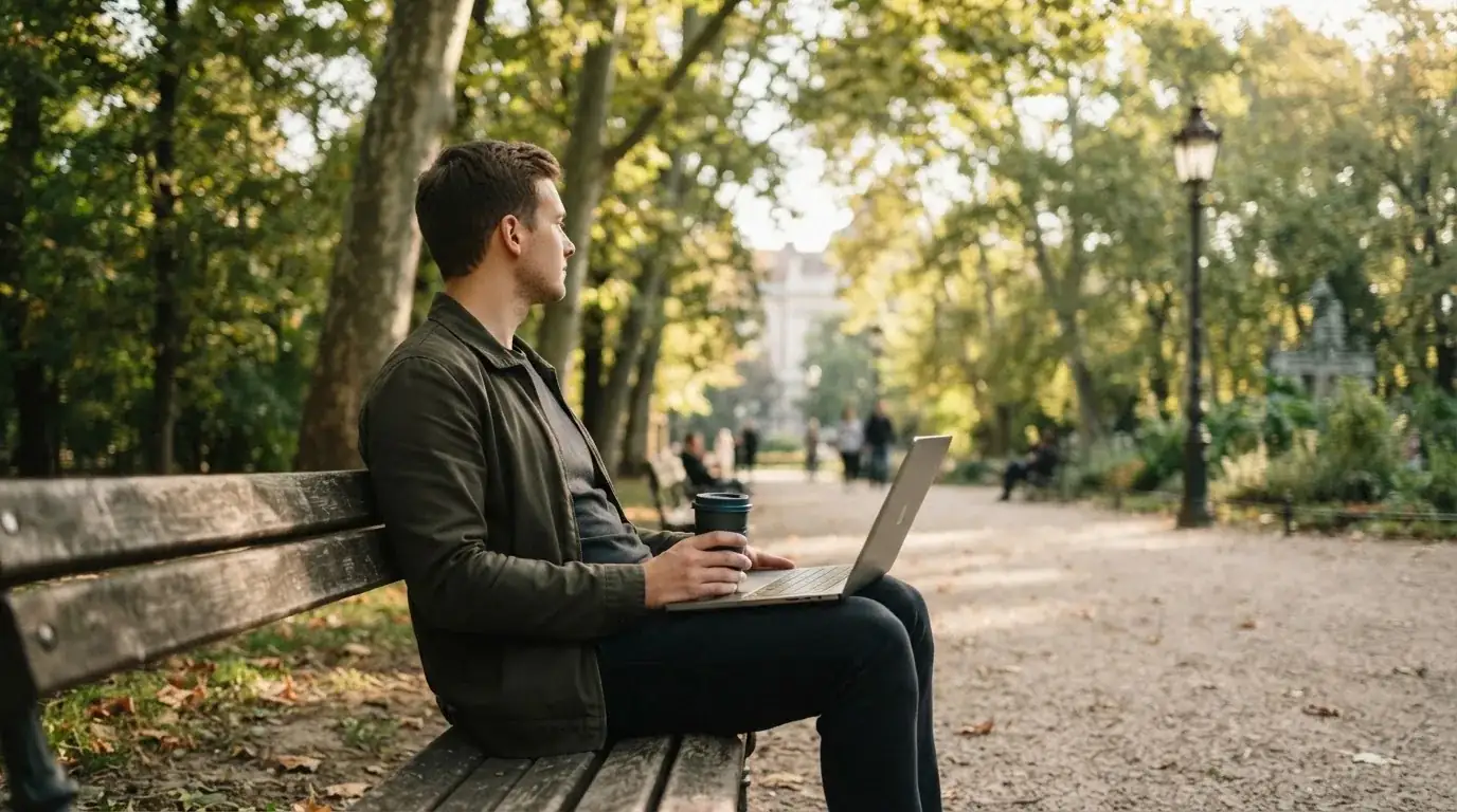 Fiatal férfi parkpadon ül, kezében összecsukott laptop és kávé, nyugodtan szünetet tart, a háttérben fák.