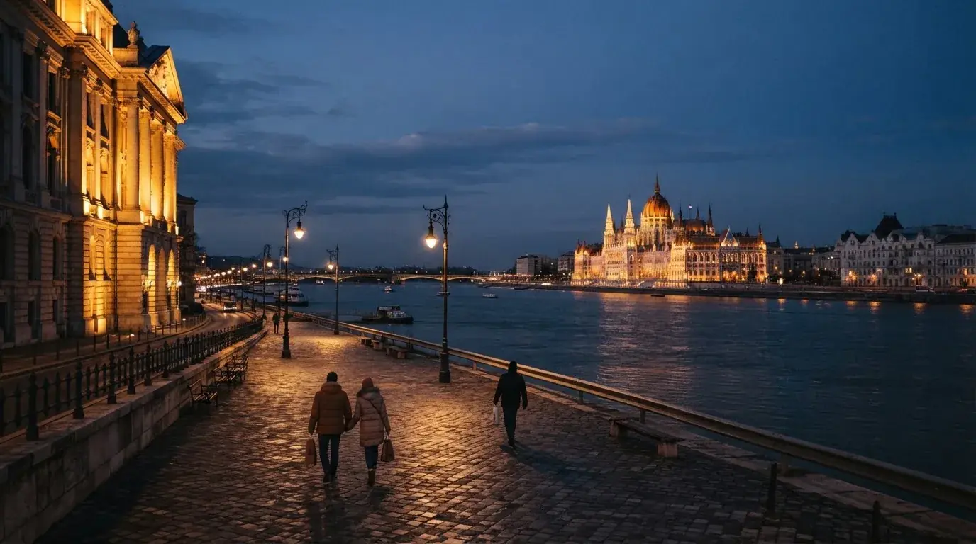 Budapesti belváros esti látképe a Duna-parttal és a Parlament sziluettjével, járókelők a rakparton, megvilágított hivatali épületek.
